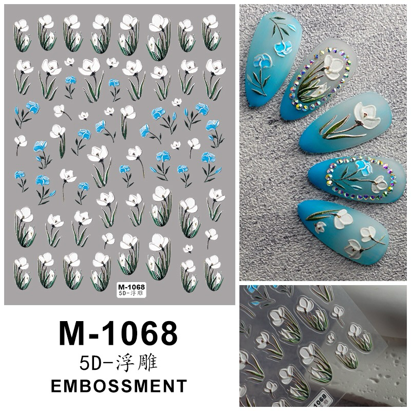 Nail Art Stickers - White & Blue Flowers