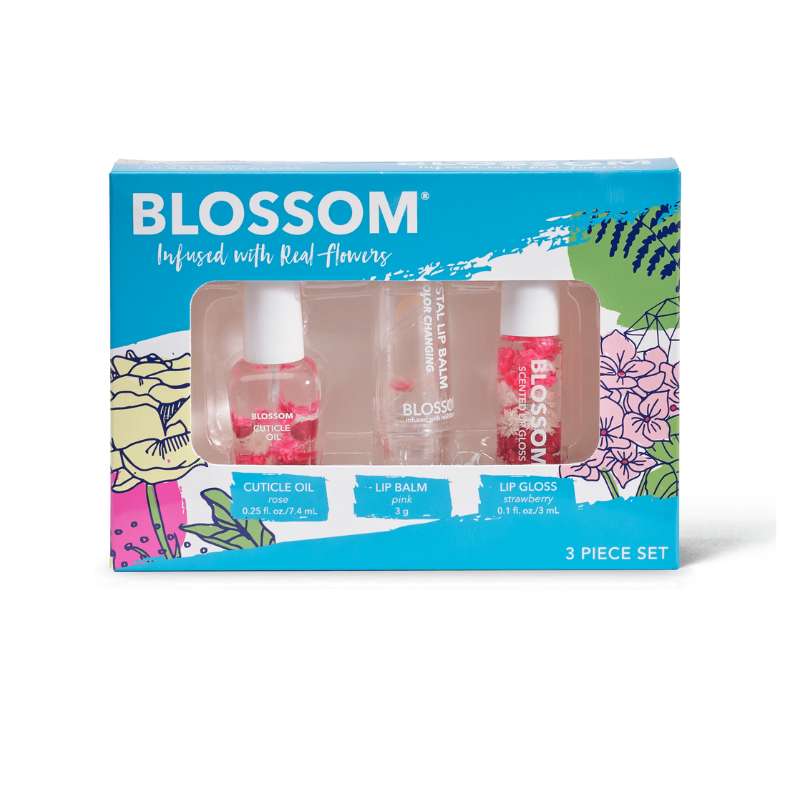 Blossom 3pc Mini Cuticle Oil, Colour-Changing Crystal Lip Balm, Mini-Roll-On Lip Gloss Gift Set