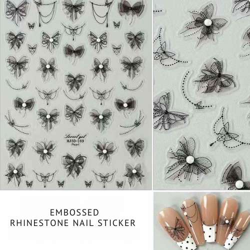 Nail Art Stickers - Black & Pink Lacy Bows with Pearls