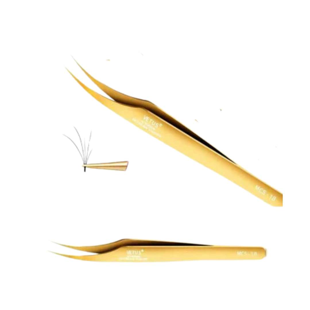 (Swiss Quality) VETUS Golden Tweezers - Long Curved Tweezers (Lightweight)